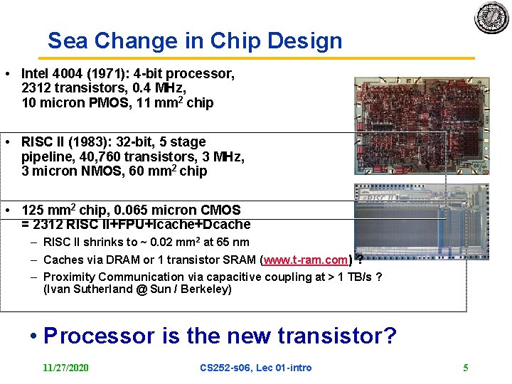 Sea Change in Chip Design • Intel 4004 (1971): 4 -bit processor, 2312 transistors,