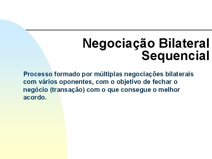 Negociação Bilateral Sequencial Processo formado por múltiplas negociações bilaterais com vários oponentes, com o