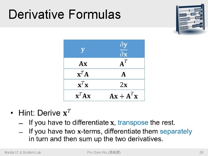 Derivative Formulas • Media IC & System Lab Po-Chen Wu (吳柏辰) 28 