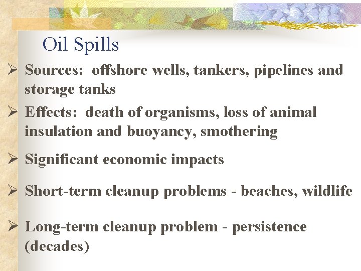 Oil Spills Ø Sources: offshore wells, tankers, pipelines and storage tanks Ø Effects: death