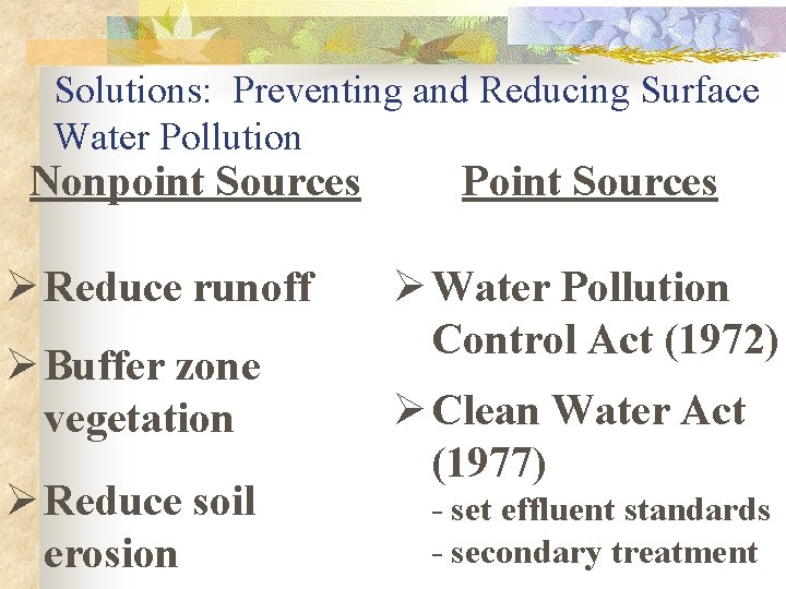 Solutions: Preventing and Reducing Surface Water Pollution Nonpoint Sources Ø Reduce runoff Ø Buffer