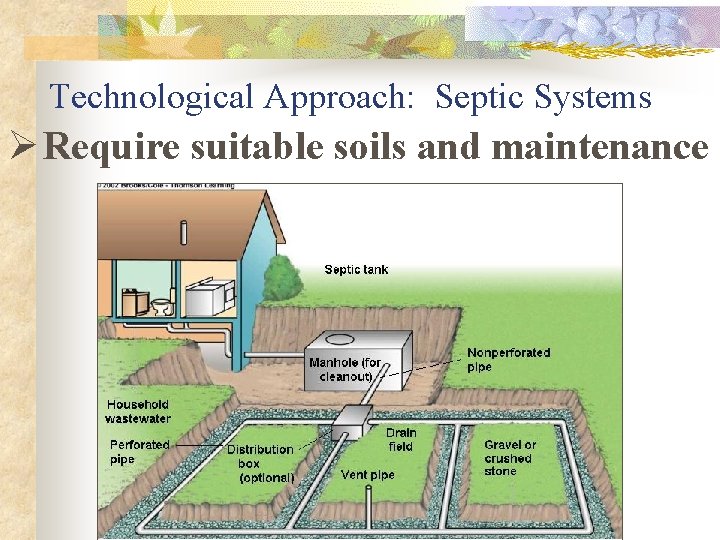 Technological Approach: Septic Systems Ø Require suitable soils and maintenance 