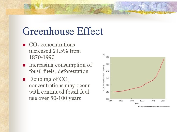 Greenhouse Effect n n n CO 2 concentrations increased 21. 5% from 1870 -1990