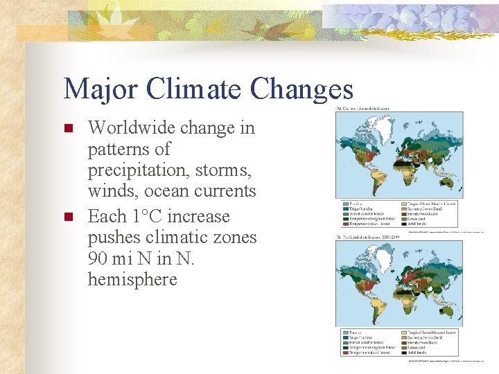 Major Climate Changes n n Worldwide change in patterns of precipitation, storms, winds, ocean