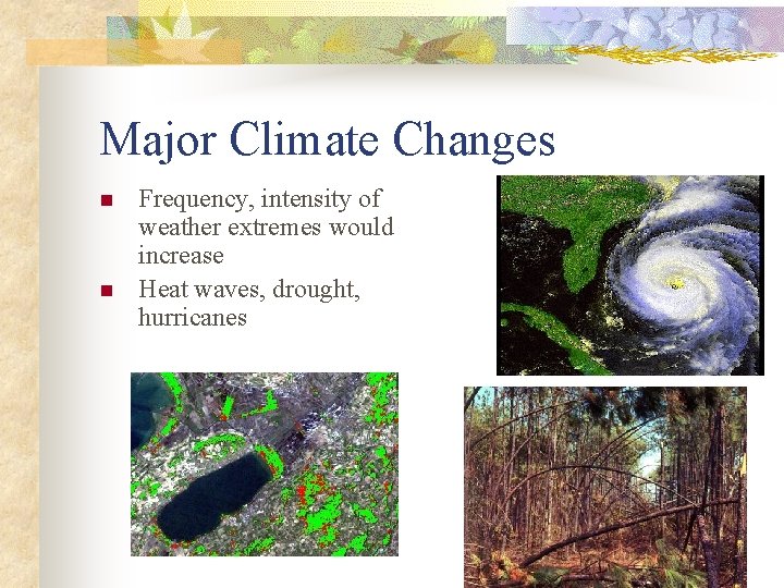 Major Climate Changes n n Frequency, intensity of weather extremes would increase Heat waves,