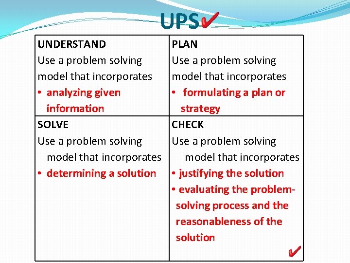 UPS UNDERSTAND Use a problem solving model that incorporates • analyzing given information SOLVE