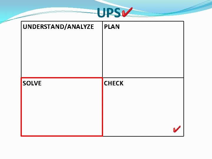 UPS UNDERSTAND/ANALYZE PLAN SOLVE CHECK 