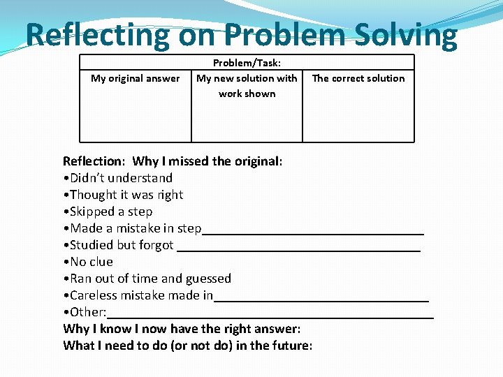 Reflecting on Problem Solving My original answer Problem/Task: My new solution with work shown
