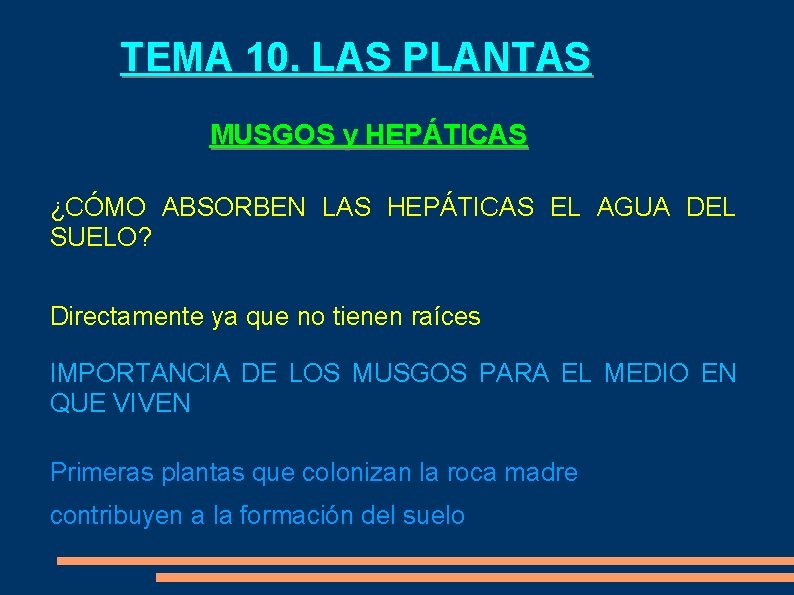 TEMA 10. LAS PLANTAS MUSGOS y HEPÁTICAS ¿CÓMO ABSORBEN LAS HEPÁTICAS EL AGUA DEL