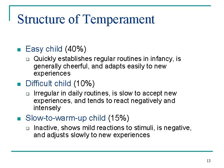 Structure of Temperament n Easy child (40%) q n Difficult child (10%) q n