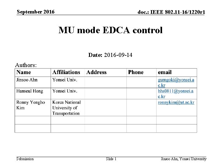 September 2016 doc. : IEEE 802. 11 -16/1220 r 1 MU mode EDCA control