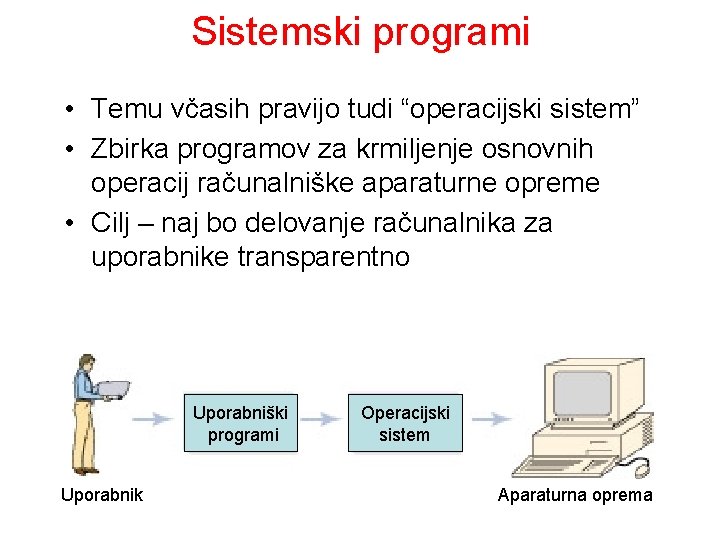 Sistemski programi • Temu včasih pravijo tudi “operacijski sistem” • Zbirka programov za krmiljenje