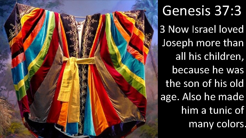 Genesis 37: 3 3 Now Israel loved Joseph more than all his children, because Genesis 37: 3 3 Now Israel loved Joseph more than all his children, because