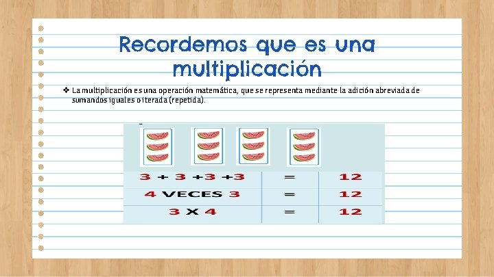 Recordemos que es una multiplicación v La multiplicación es una operación matemática, que se