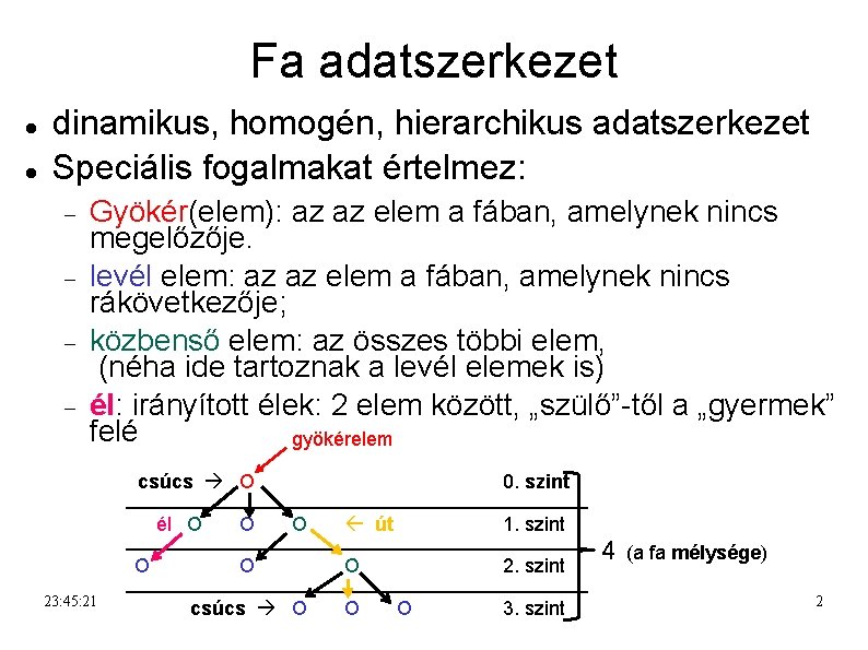 Fa adatszerkezet dinamikus, homogén, hierarchikus adatszerkezet Speciális fogalmakat értelmez: Gyökér(elem): az az elem a