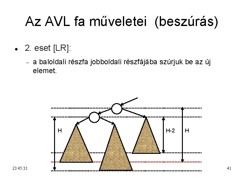 Az AVL fa műveletei (beszúrás) 2. eset [LR]: a baloldali részfa jobboldali részfájába szúrjuk