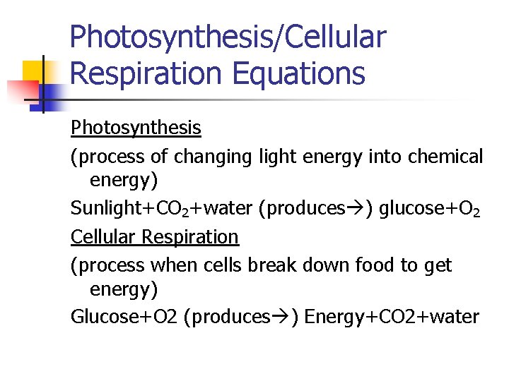 Photosynthesis/Cellular Respiration Equations Photosynthesis (process of changing light energy into chemical energy) Sunlight+CO 2+water