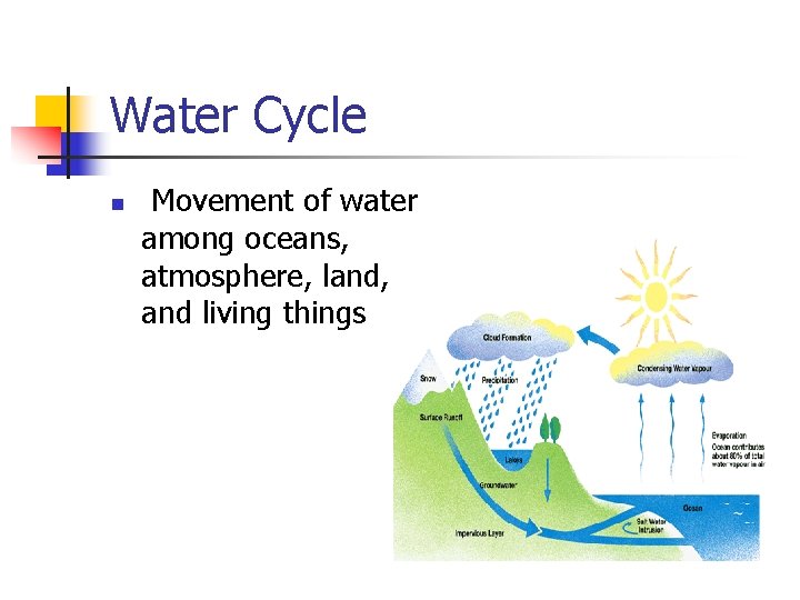 Water Cycle n Movement of water among oceans, atmosphere, land, and living things 