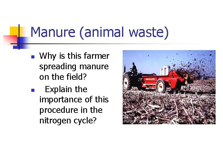 Manure (animal waste) n n Why is this farmer spreading manure on the field?