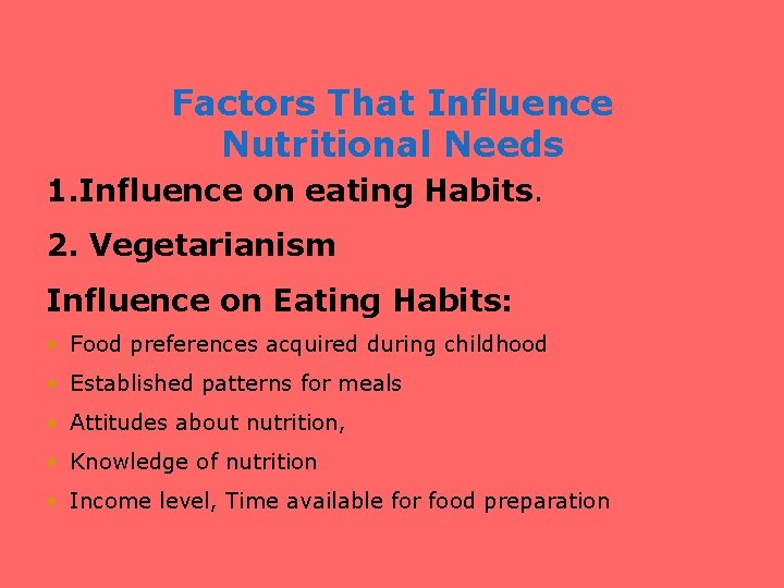 Factors That Influence Nutritional Needs 1. Influence on eating Habits. 2. Vegetarianism Influence on