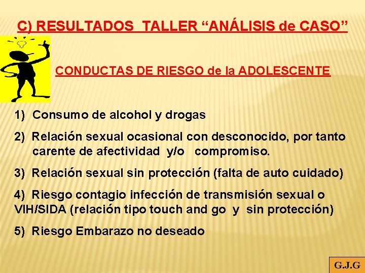 C) RESULTADOS TALLER “ANÁLISIS de CASO” a. - CONDUCTAS DE RIESGO de la ADOLESCENTE