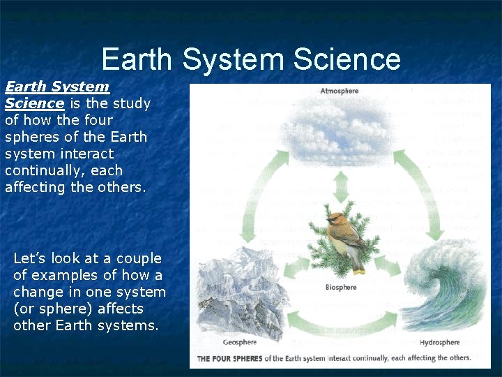 Earth System Science is the study of how the four spheres of the Earth