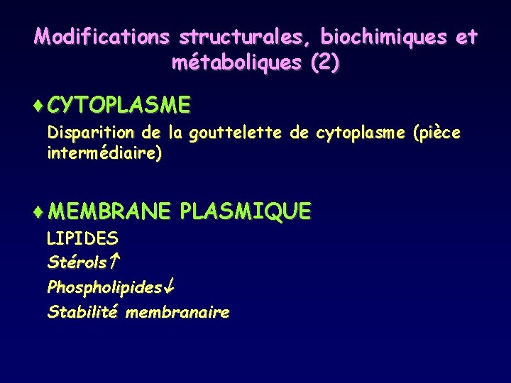 Modifications structurales, biochimiques et métaboliques (2) ¨CYTOPLASME Disparition de la gouttelette de cytoplasme (pièce