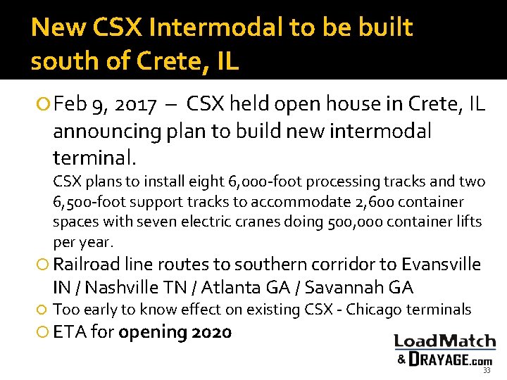 New CSX Intermodal to be built south of Crete, IL Feb 9, 2017 –