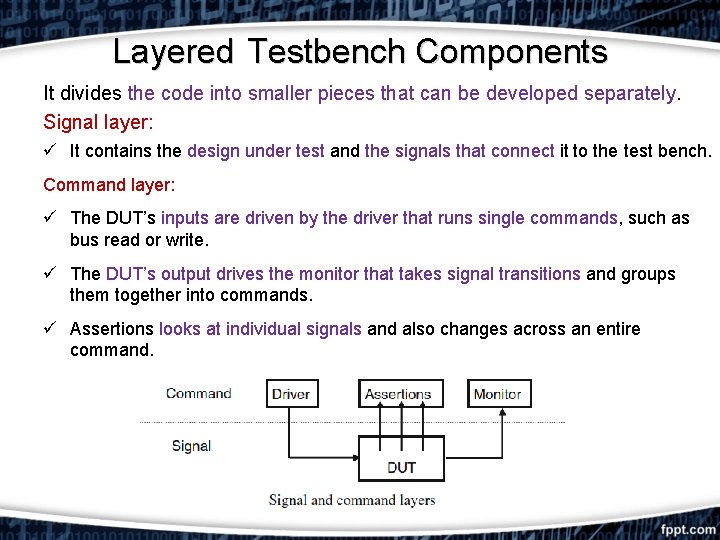 Layered Testbench Components It divides the code into smaller pieces that can be developed