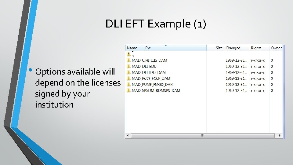 DLI EFT Example (1) • Options available will depend on the licenses signed by