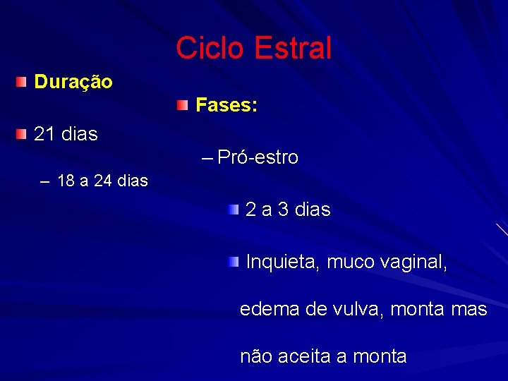 Ciclo Estral Duração Fases: 21 dias – Pró-estro – 18 a 24 dias 2