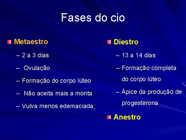 Fases do cio Metaestro Diestro – 2 a 3 dias – 13 a 14