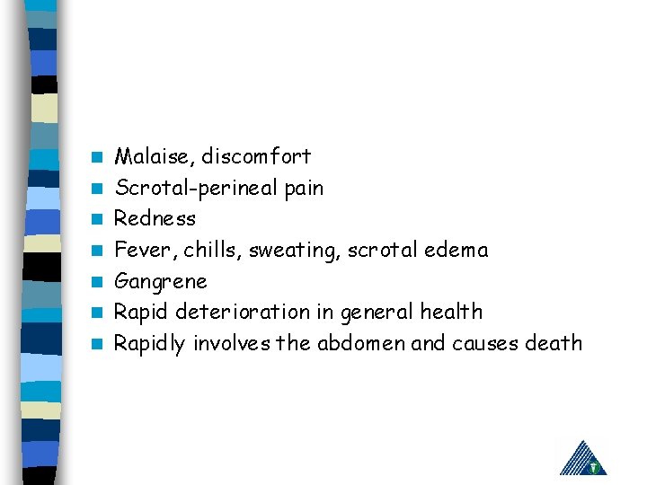 n n n n Malaise, discomfort Scrotal-perineal pain Redness Fever, chills, sweating, scrotal edema