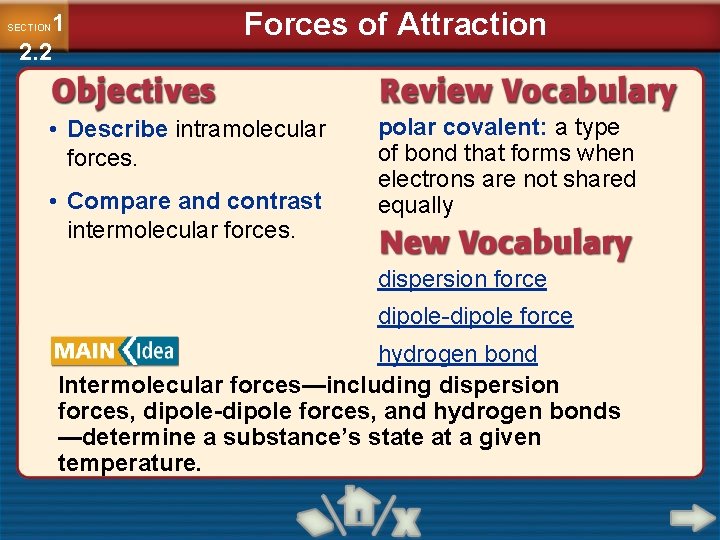 1 2. 2 SECTION Forces of Attraction • Describe intramolecular forces. • Compare and