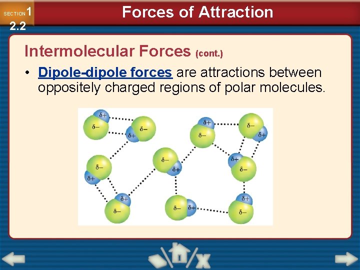 1 2. 2 SECTION Forces of Attraction Intermolecular Forces (cont. ) • Dipole-dipole forces