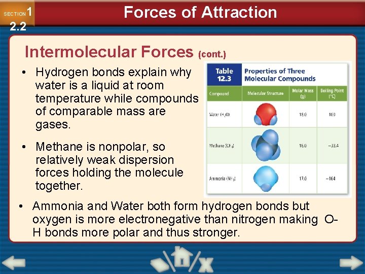 1 2. 2 SECTION Forces of Attraction Intermolecular Forces (cont. ) • Hydrogen bonds