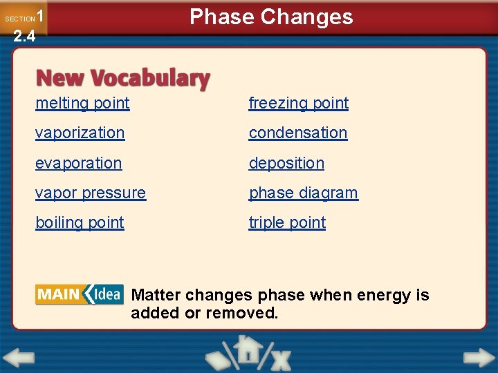 Phase Changes 1 2. 4 SECTION melting point freezing point vaporization condensation evaporation deposition