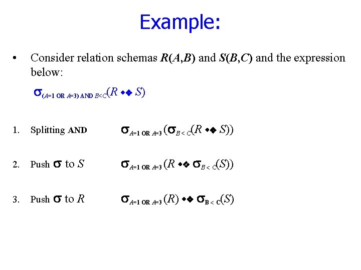 Example: • Consider relation schemas R(A, B) and S(B, C) and the expression below: