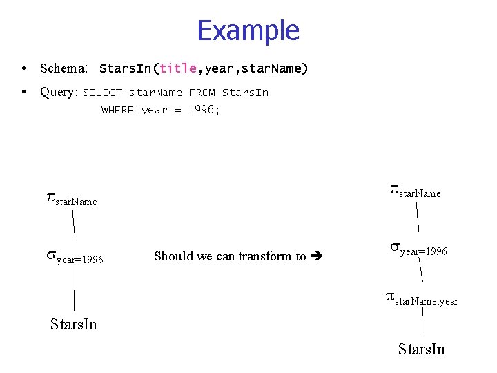 Example • Schema: Stars. In(title, year, star. Name) • Query: SELECT star. Name FROM