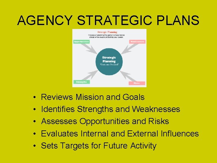 AGENCY STRATEGIC PLANS • • • Reviews Mission and Goals Identifies Strengths and Weaknesses