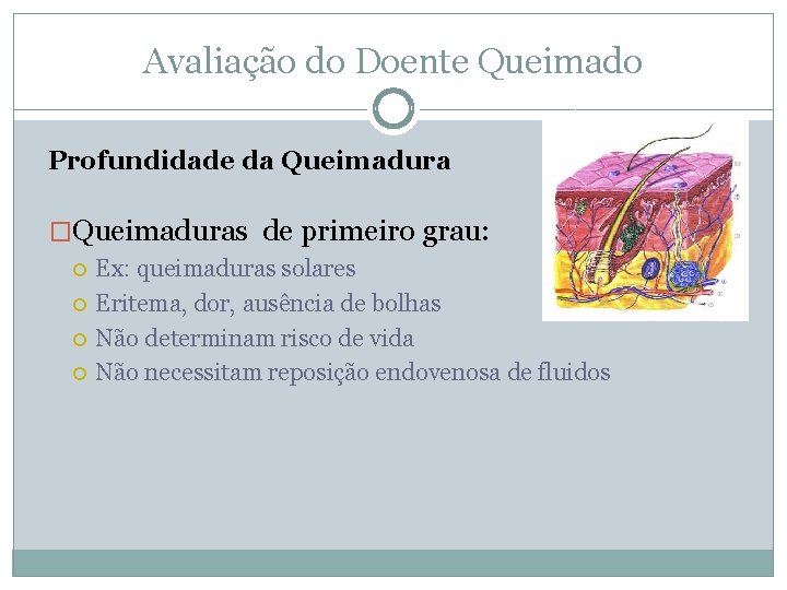 Avaliação do Doente Queimado Profundidade da Queimadura �Queimaduras de primeiro grau: Ex: queimaduras solares