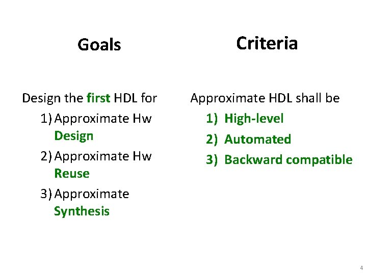 Goals Design the first HDL for 1) Approximate Hw Design 2) Approximate Hw Reuse
