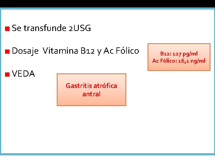 Se transfunde 2 USG Dosaje Vitamina B 12 y Ac Fólico VEDA Gastritis atrófica