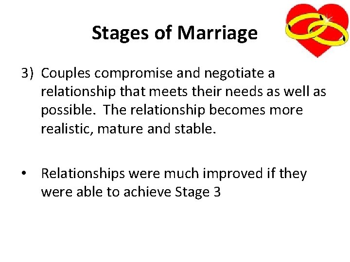 Stages of Marriage 3) Couples compromise and negotiate a relationship that meets their needs
