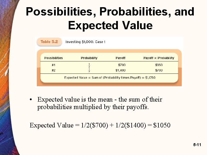 Possibilities, Probabilities, and Expected Value • Expected value is the mean - the sum Possibilities, Probabilities, and Expected Value • Expected value is the mean - the sum