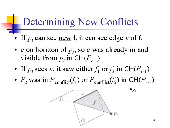 Determining New Conflicts • If pt can see new f, it can see edge