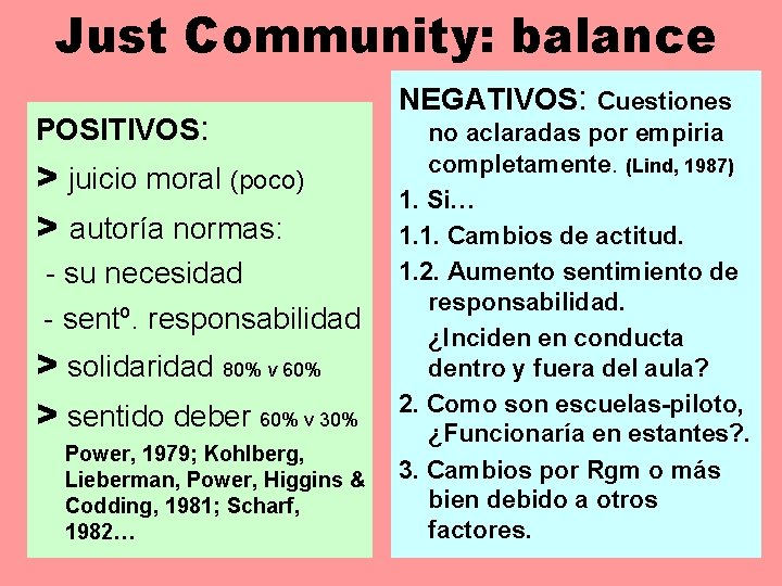 Just Community: balance POSITIVOS: > juicio moral (poco) > autoría normas: su necesidad sentº.