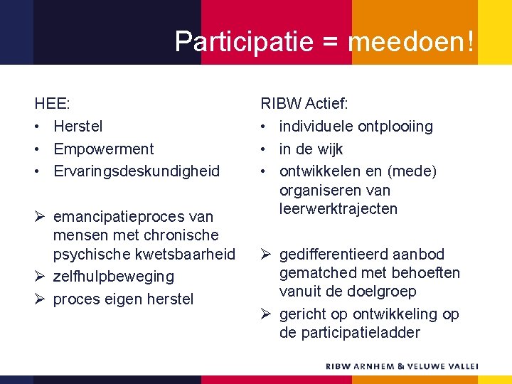 Participatie = meedoen! HEE: • Herstel • Empowerment • Ervaringsdeskundigheid Ø emancipatieproces van mensen