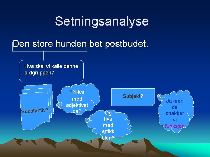 Setningsanalyse Den store hunden bet postbudet. Hva skal vi kalle denne ordgruppen? Substantiv? ?