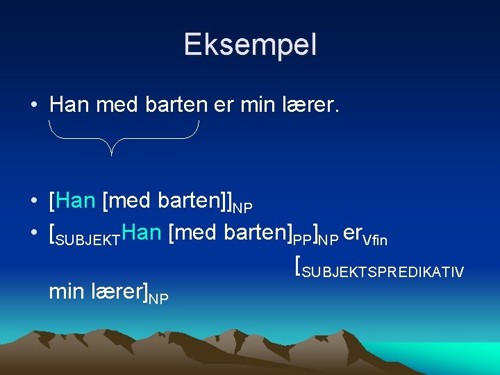 Eksempel • Han med barten er min lærer. • [Han [med barten]]NP • [SUBJEKTHan